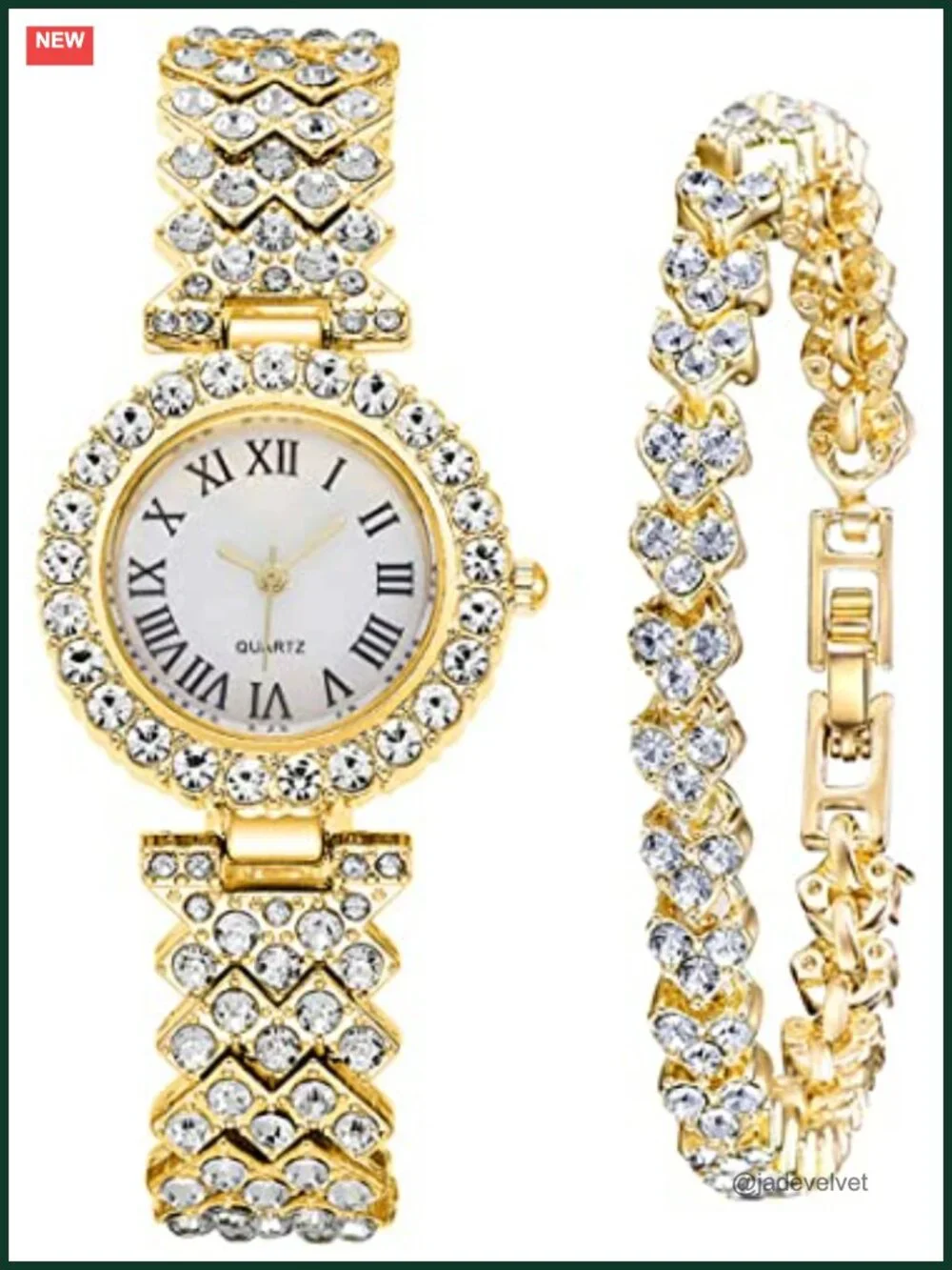 Women's Diamond Wrist Watch Bangle Bracelet Set Quartz Stainless Steel